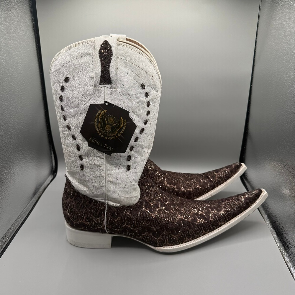 Botas Aguila Real Cowboy Boots White Bronze Sparkle Pointed‎ Toe Western Sz 10.5